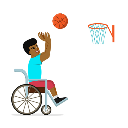 Disabled African American man in a wheelchair playing basketball. Flat vector illustration of handicapped player throwing a ball into basket. Concept for sportのイラスト素材
