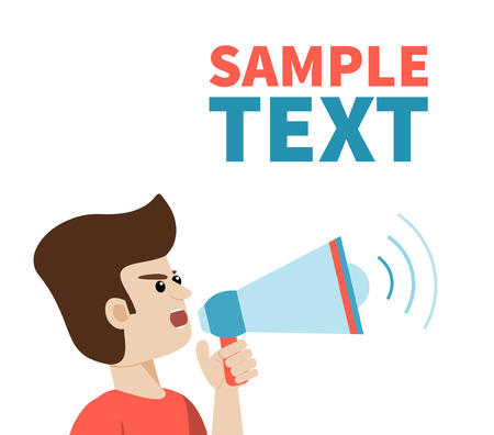 Close view of man shouting with megaphone. Vector art on isolated background with place for text. Illustration for public announcement, advertising, communication, protesting,  	important message etc.のイラスト素材