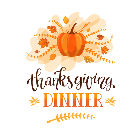 Handlettering typography poster with custom hand drawn calligraphy quote "Thanksgiving Dinner" and colorful background with autumn leaves and pumpkin. Fully editable vector illustration. Card design.のイラスト素材