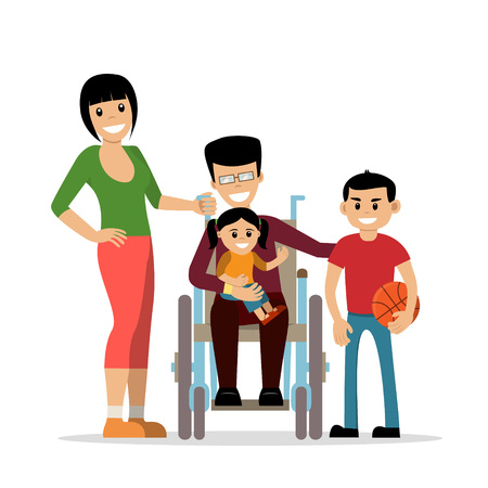 Disabled young man in wheelchair with his family. Father, mother, kids. Flat vector characters in isolated background. Concept for happy family,  lifestyle and opportunities for people with disabilityのイラスト素材