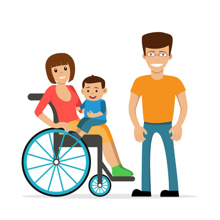 Disabled young woman in wheelchair with her son and husband. Flat vector characters in isolated background. Concept for happy family, lifestyle and opportunities for people with disability.のイラスト素材