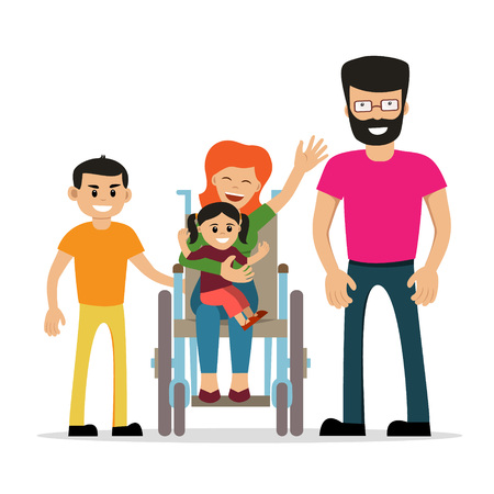 Disabled young woman in wheelchair with her son, daughter and husband. Cartoon vector characters. Isolated background. Concept for happy family,  lifestyle and opportunities for people with disabilityのイラスト素材