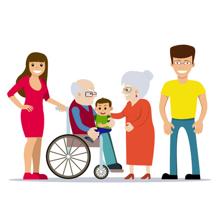 Cute vector illustration of happy grandparents with their children and grandchild. Grandfather in wheelchair holding baby on his lap. Cartoon style. Happy family. Generations. People with disability.のイラスト素材