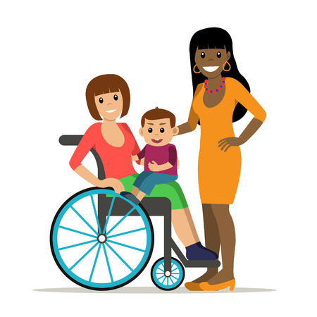 Disabled young woman in wheelchair with baby and girlfriend. Same-sex family. Cartoon vector characters in isolated background. Concept for lifestyle and opportunities for people with disability.のイラスト素材