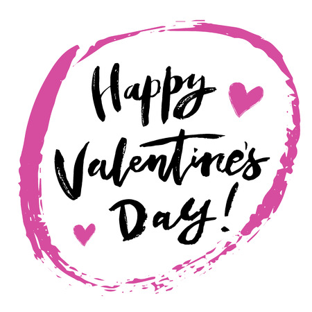 Hand-lettering modern calligraphy quote "Happy Valentine's Day!" Hand-written greeting card. Rich grunge texture. Vector illustration.のイラスト素材