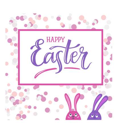 Happy Easter. Hand-lettering typography poster with modern brush calligraphy and cute easter bunnies. Vector illustration. Design for greeting cards, t-shirts, decoration, prints and web.のイラスト素材