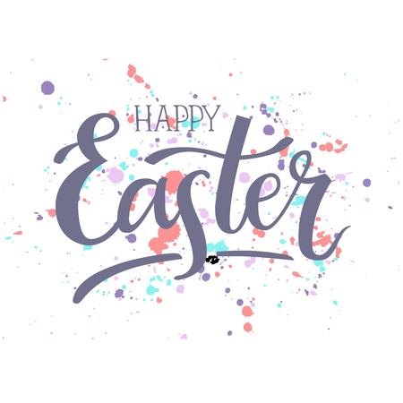 Happy Easter, hand lettering typography poster with modern brush calligraphy and colorful drops for greeting cards, decoration, prints and web.のイラスト素材