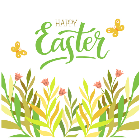 Happy Easter. Hand-lettering typography poster with modern brush calligraphy on spring leaves and herbs background. Vector illustration. Design for greeting cards, decoration, prints and web.のイラスト素材