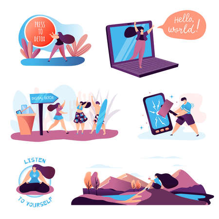Digital detox - concept vector illustration. An idea of gadget disconnecting, healthy lifestyle, escape from internet and digital media addiction.のイラスト素材