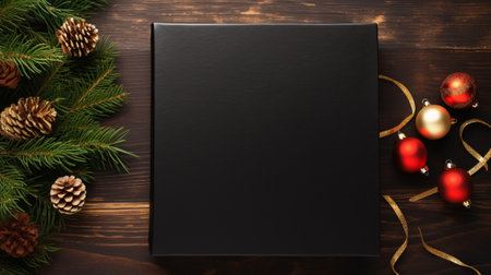 Blank book mockup with wooden background and Christmas conceptの素材
