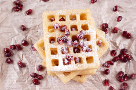 waffle with pomegranate seed and powdered sugarの写真素材