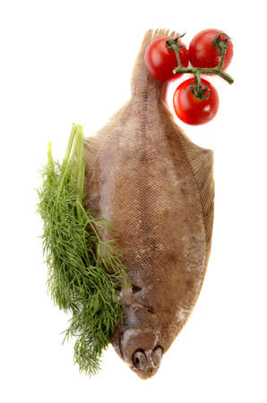 raw plaice with dill and cherry tomato on  white background
