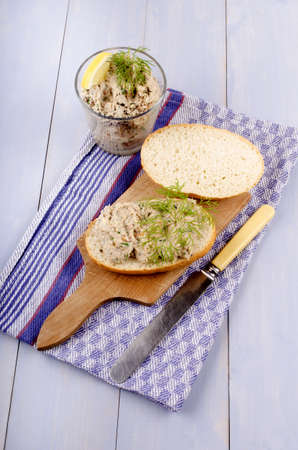 scottish mackerel pate with dill and crushed peppercorn in a glass bowlの写真素材