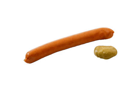 wiener sausages fresh from the smoker's room with mustard isolated on whiteの写真素材
