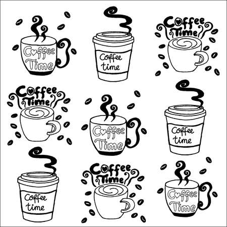 Simple set illustration and symbol of coffee cups, black and white - coloring page.のイラスト素材
