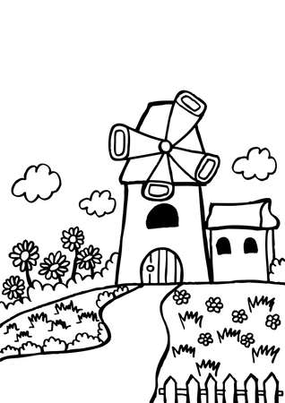 dutch windmill nature, coloring page.のイラスト素材