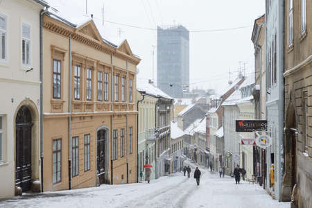 Radiceva street covered in snow, one of the most beautiful streets in Zagreb.のeditorial素材