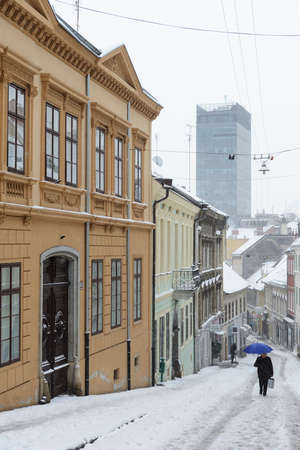 Radiceva street covered in snow, one of the most beautiful streets in Zagreb.のeditorial素材