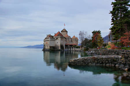 A beautiful winter view of the famous Chateau de Chillon on Lake Geneva, Montreux Switzerlandのeditorial素材