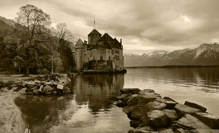 A beautiful winter view of the famous Chateau de Chillon on Lake Geneva, SwitzerlandMontreux April 21, 2012のeditorial素材