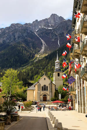 Church in Chamonix, France, French Alps in the spring. 2011. April.23 CHAMONIX MONT BLANC, FRANCE / EUROPEのeditorial素材