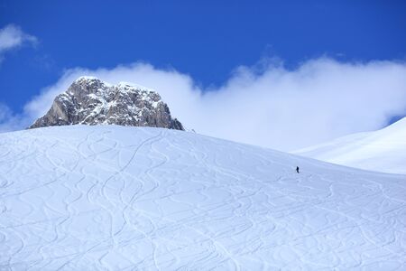 Panoramic view of the mountains of France on a winter sunny day. Haute Savoy, France. Snow park.