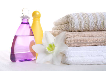 hygienic still-life, aromatic oil, shampoo and towel, aromatic therapyの写真素材