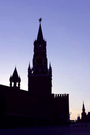 Moscow, Russia, Silhouette Spasskaya Tower of Moscow Kremlinの写真素材