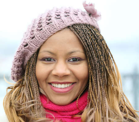 portrait of the smiling woman in the lilac beret