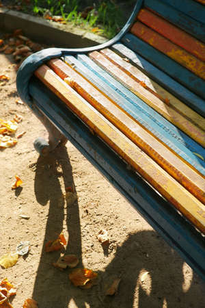 fragment of the old varicoloured bench in parkの写真素材