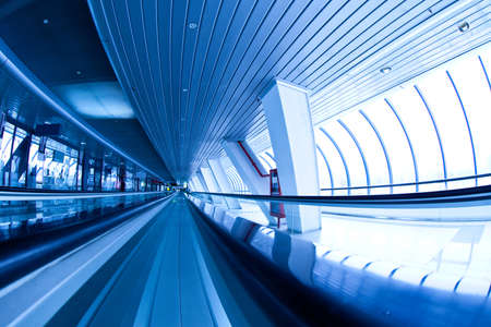 corridor interior of a business center with moving walkways in covered bridge Moscow Cityのeditorial素材