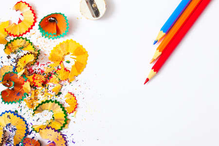 Colored pencil, shavings and sharpener on a whiteの写真素材