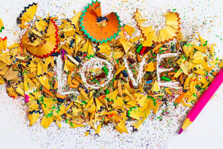 word Love over a shavings of pencils for drawingの写真素材