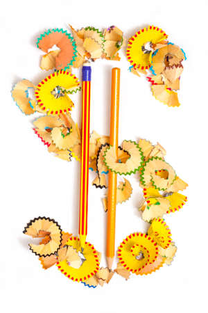 Photo of Letter $ from colored shavings on white backgroundの写真素材