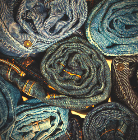 jeans trousers stack in shop, image styleの写真素材