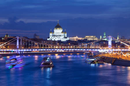 Night Moscow landscape with river and Crimean bridge. long exposure, blurred motionの写真素材
