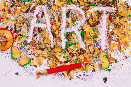 word Art over a shavings of pencils for drawing with copy spaceの写真素材
