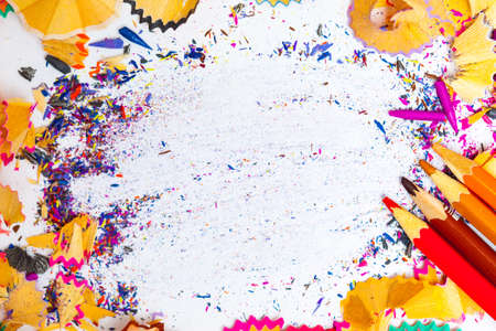 vintage colored pencils and shavings with copy spaceの写真素材
