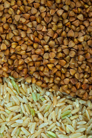 brown rice and buckwheat cereal close upの写真素材