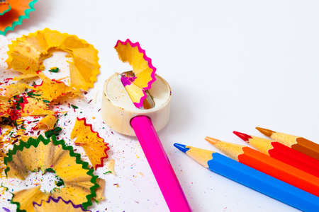 colored pencils, sharpener and shavings on white background with copy space.の写真素材