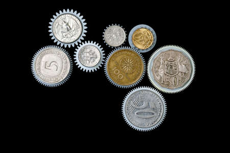 Money cogwheel on black background, concept