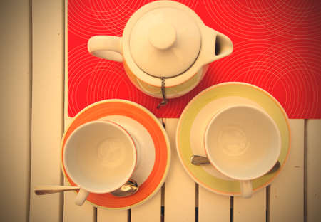 fruit Black tea is brewed in a teapot. tea utensils. two teacups and teapotの写真素材