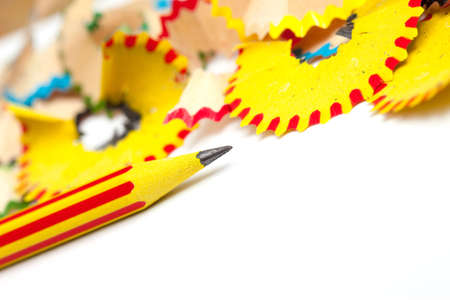 colored pencils and shavings on white background with copy spaceの写真素材