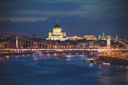 panorama of Moscow with view the Crimean bridge and Christ the Saviour Cathedral at summer evening.  long exposure and blurred motionのeditorial素材