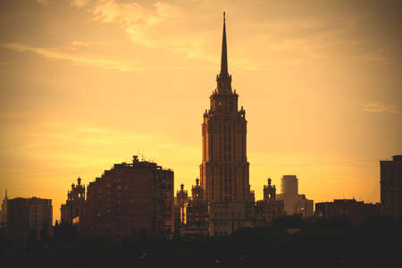 sunset cityscape with tower, Moscow, Russiaのeditorial素材