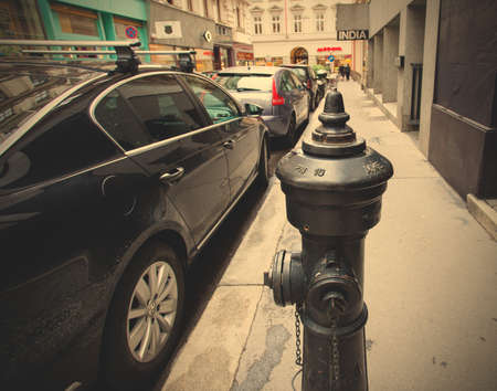 Vienna, Austria, June 26, 2013: cityscape with black fire hydrant in the center of the old townのeditorial素材