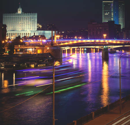 Moscow, Russia, May 26, 2015: Night cityscape on the Moscow River. Long exposureのeditorial素材