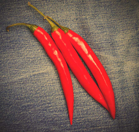 red hot chili pepper on jeans backgroundの写真素材