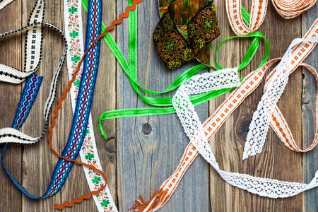 set of vintage tape on aged boards backgroundの写真素材