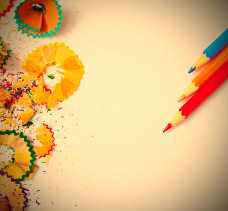 pencils and shavings on white background with copy space.の写真素材